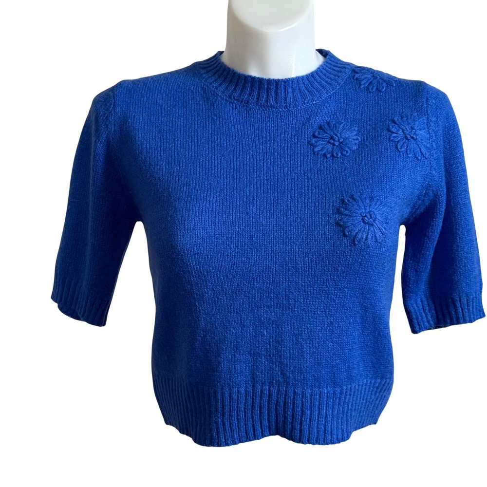 NEW $68 PINCH Womens Royal Blue Short Sleeve Floral Embroidered Sweater M Medium